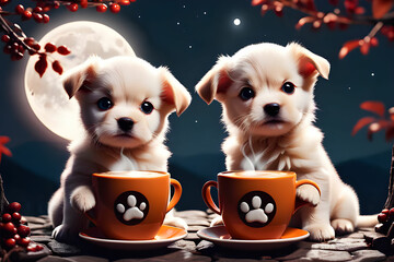 Two cute puppies are having a cup of hot coffee under the full moon