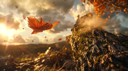 A single autumn leaf caught in a brisk wind, signaling fall.