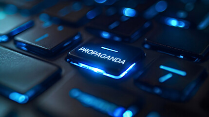 Closeup of blue propaganda text button on laptop notebook computer keyboard. Internet and television fake news, mind control and manipulation, online deception