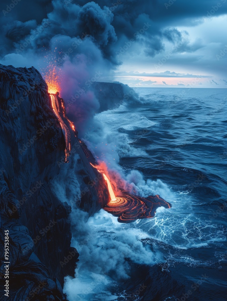 Wall mural Fiery lava snakes down a rugged coastline.