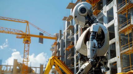An AI construction robot at a building site, operating heavy machinery with precision, against a backdrop of a partially completed building and blue sky. - obrazy, fototapety, plakaty