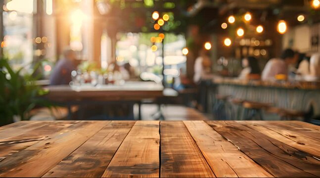 wooden table with people in the cafe in the background