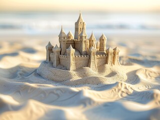 Detailed sandcastle on a beach with sunset light.