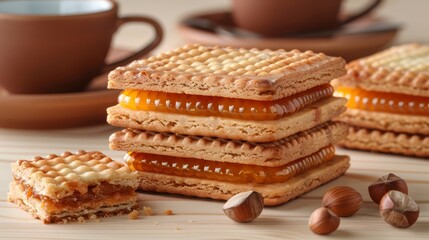   A stack of waffles, sandwiching fillings between them, sits atop a weathered wooden table Nearby, nuts scatter the surface and a steaming cup of coffee awaits - obrazy, fototapety, plakaty