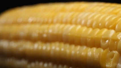 A close up view of fresh corn reveals a golden yellow kernel with against a black background. This...