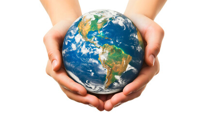 Closeup of hands holding the planet earth globe sphere isolated on transparent background. Nature environment and ecology protection concept, energy conservation and sustainability, global warming