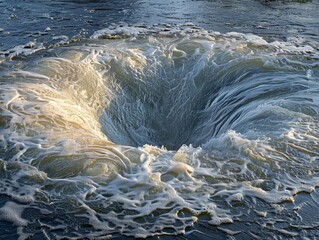 A dynamic whirlpool spirals with forceful water currents.