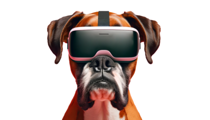 Boxer dog with VR headset, an amusing take on pets meeting modern tech