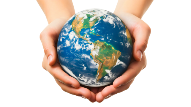 Closeup of hands holding the planet earth globe sphere isolated on transparent background. Nature environment and ecology protection concept, energy conservation and sustainability, global warming