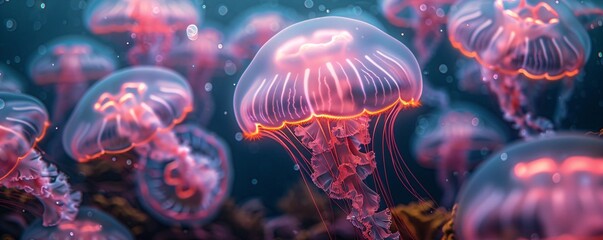 Fototapeta premium dreamlike underwater world - illuminated jellyfish