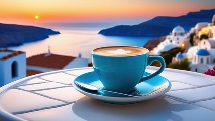 Traditional Greek coffee on the balcony with a beautiful Greek Mediterranean city in the background, A cup of coffee or tea on a blurred background of the evening Greek seascape - obrazy, fototapety, plakaty