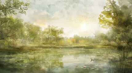 A painting featuring a river flowing through a landscape with lush trees and blooming water lilies