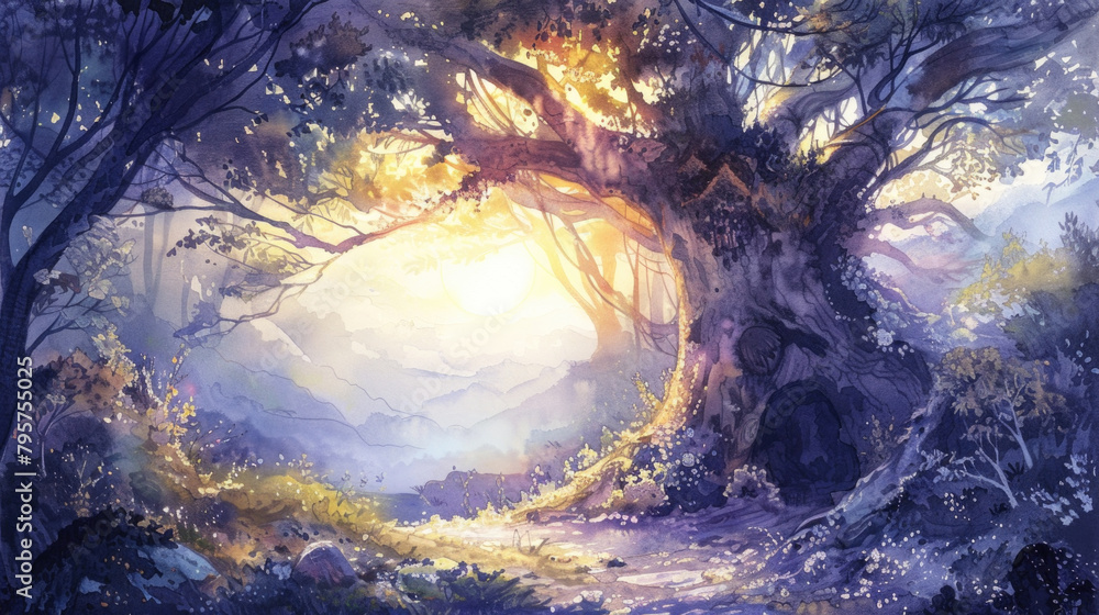Poster a painting depicting a narrow path winding through a dense forest, with sunlight filtering through t