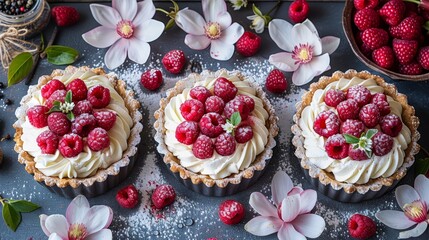   A table holds three pie plates, each topped with a pie covered in whipped cream and raspberries Nearby, a bowl brims with flowers - obrazy, fototapety, plakaty