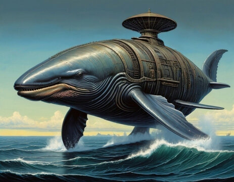 a giant dieselpunk whale gliding over the ocean. generative ai