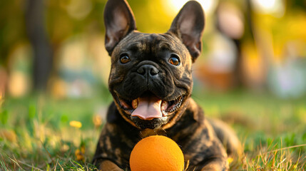 Closeup of beautiful cute French bulldog or Frenchie dog breed, happy joyful pet playing with a ball in summer or spring sunny park outdoors or outside. Animal activity in nature