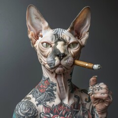 Sphynx cat with tattoos and cigar in tooth. AI generated