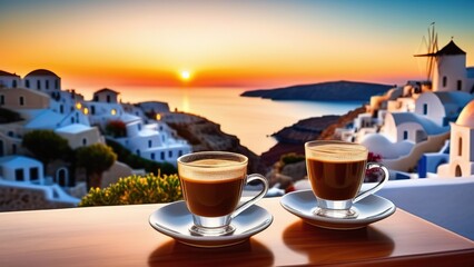 Traditional Greek coffee on a balcony with a beautiful Greek Mediterranean city in the background, 2 cups of coffee or tea on a blurred background of an evening Greek seascape