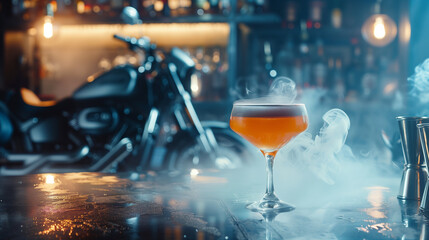 A sophisticated cocktail emits smoke on a bar counter, with a sleek motorcycle in the soft-focus background, under ambient lighting.
