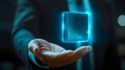 Blue digital hologram wallet floating above businessman hand. Internet banking and finance technology, global online money transaction and payment, electronic currency transfer