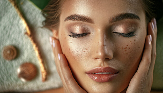 Image of female beauty, skin care, body care, beauty salon. Close up shot of woman with freckles relaxing in a spa, space for text
