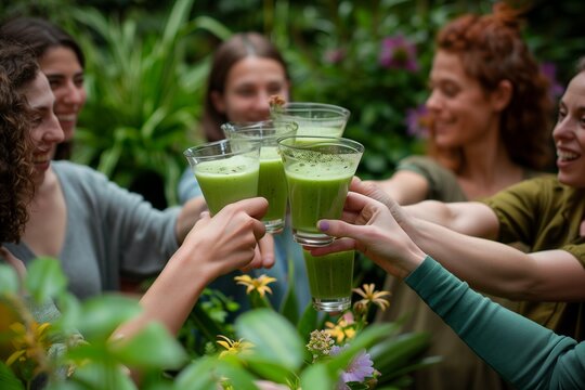 A group of friends gathered in a green, blooming garden, sharing a toast with glasses filled with fresh, organic green juice