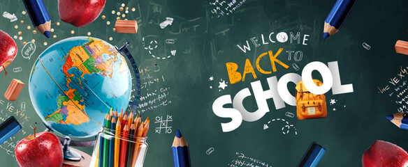 back to school. Vector illustration of globe, colored pencils, backpack, apple, eraser, school board with chalk for banner, background or flyer	
