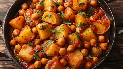   A pan of potatoes and chickpeas on a wooden table, beside a wine bottle