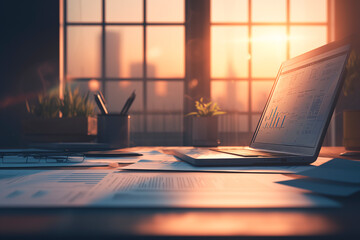 A laptop is on a desk with a window in the background. The sun is setting, casting a warm glow on the scene. The desk is cluttered with papers, pens, and a potted plant - Powered by Adobe