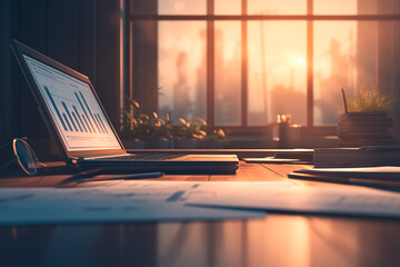 A laptop is on a desk with a window in the background. The sun is setting, casting a warm glow on the scene. The desk is cluttered with papers, pens, and a potted plant - obrazy, fototapety, plakaty