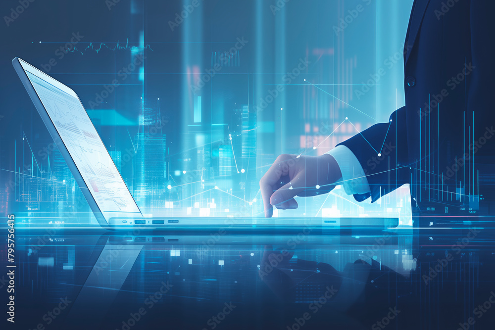 Poster A man is typing on a laptop in front of a city skyline. Concept of productivity and focus, as the man is working on a task in a busy urban environment. The laptop screen is the main focus of the image