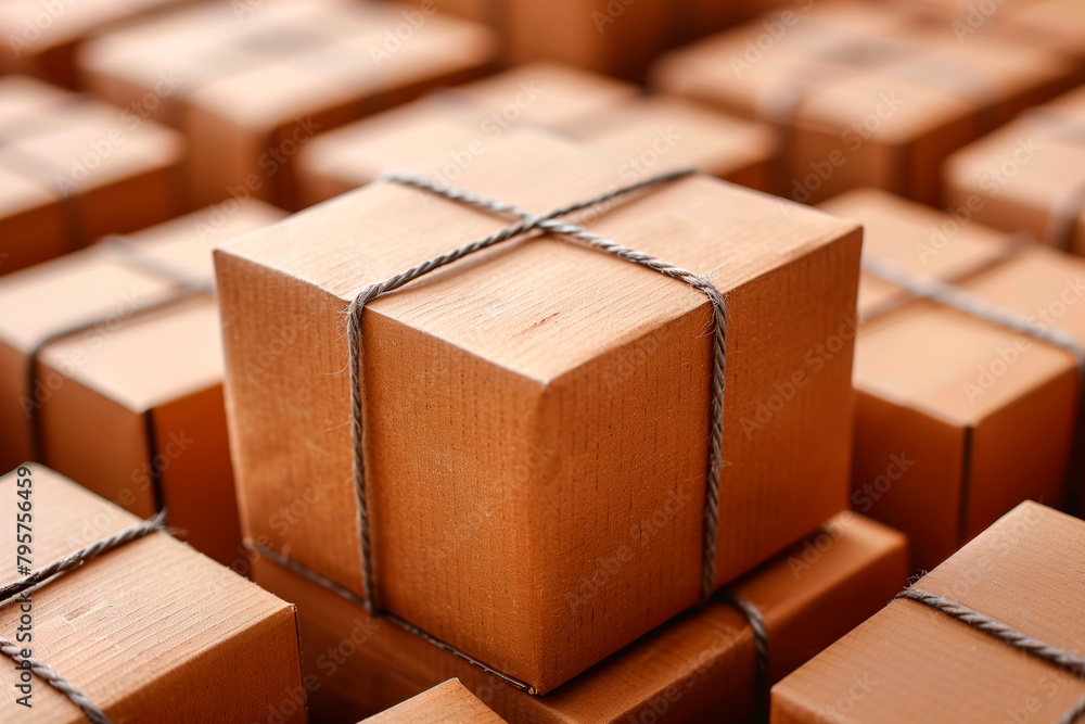 Poster A stack of cardboard boxes with a brown box on top. The boxes are tied together with a string