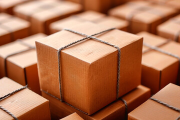 A stack of cardboard boxes with a brown box on top. The boxes are tied together with a string