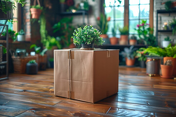 A brown cardboard box with a plant inside. The box is sitting on a wooden floor. The plant is a small fern - Powered by Adobe