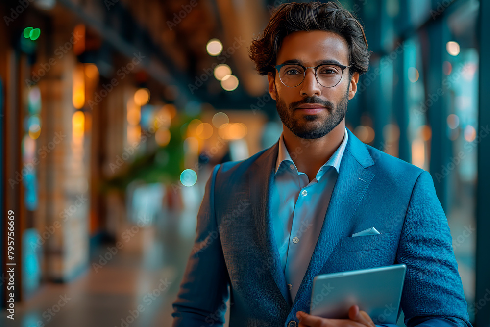 Poster a man in a suit and tie is walking down a hallway with a tablet in his hand. he is smiling and looki