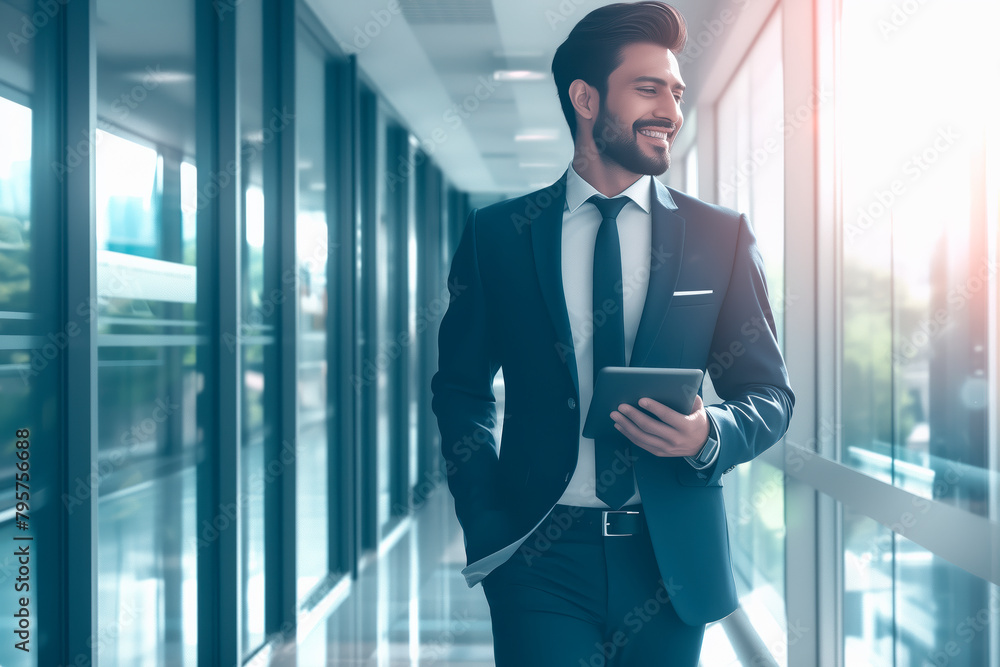 Poster a man in a suit and tie is walking down a hallway with a tablet in his hand. he is smiling and looki