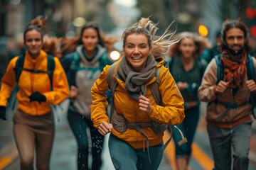 A group of people are running a race, with one woman wearing a yellow shirt and a gray jacket