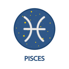 Pisces, astrological icon. Zodiac sign, horoscope symbol with stars in sky. Esoteric celestial sticker, constellation, star sky. Flat graphic vector illustration isolated on white background