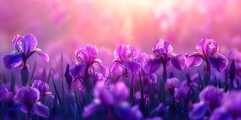 Violet iris flowers on a meadow in morning light, beautiful floral background for greeting card for various holidays and events.