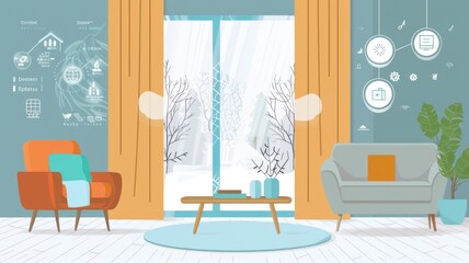 home setting explaining the health benefits of using special curtains that control humidity and filter pollutants, with icons and statistics