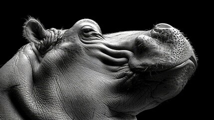 Fototapeta premium A monochrome image of a hippo gazing skyward with open mouth and widened eyes