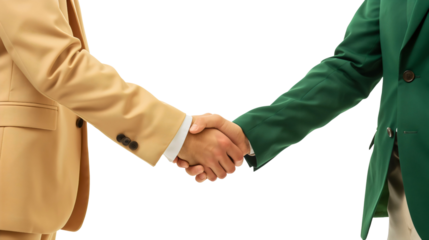 Two businessmen handshake isolated on a transparent background. Businesspeople in green and yellow suits cooperation, agreements and partnerships deal