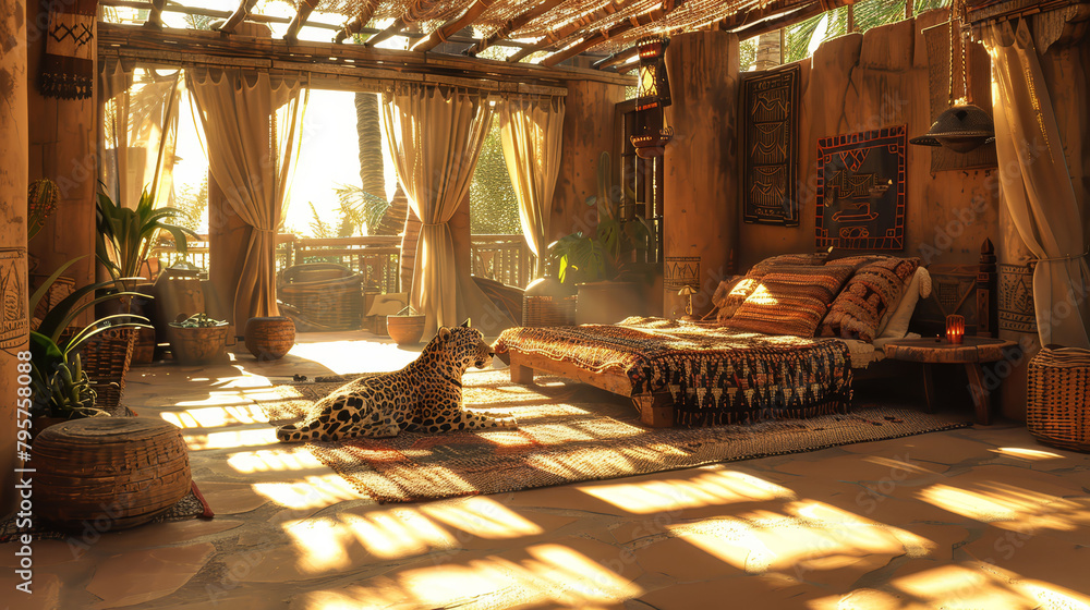 Poster a cheetah reclines in a sunlit room, sunlight filtering through windows and casting golden rays via 
