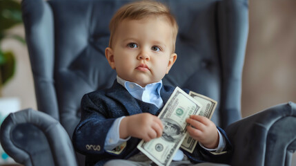 Toddler boy wearing a business suit, sitting in office chair and counting money, holding paper...
