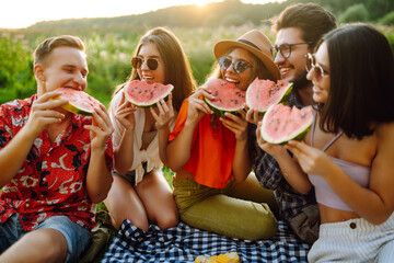Group of friends having fun eating watermelon on the picnic outdoors. Foods, travel, nature and...