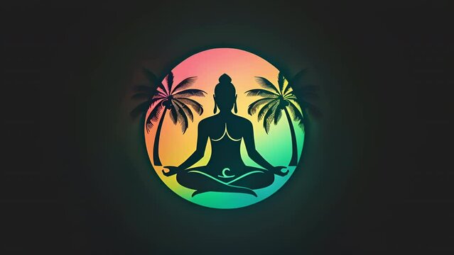 Pushing towards a rainbow logo of buddha meditating surrounded by palm trees. Logo for wellness, massage or spirituality center.