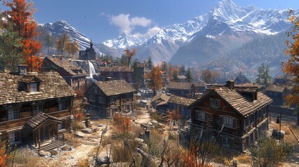   A screenshot of a village nestled amongst mountains, with snow-capped peaks in the background - obrazy, fototapety, plakaty