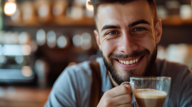 Close up of man drinking cappuccino in a transparent cup, man is smiling,