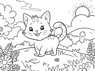Cheerful kitten playing in the garden, coloring book style. Vector, generative ai.