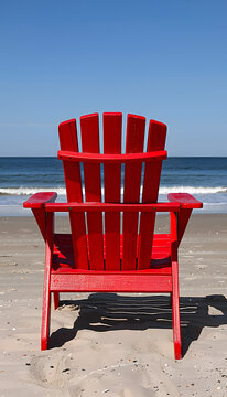 A red Adirondack chair on the beach, with ocean and sky in the background
